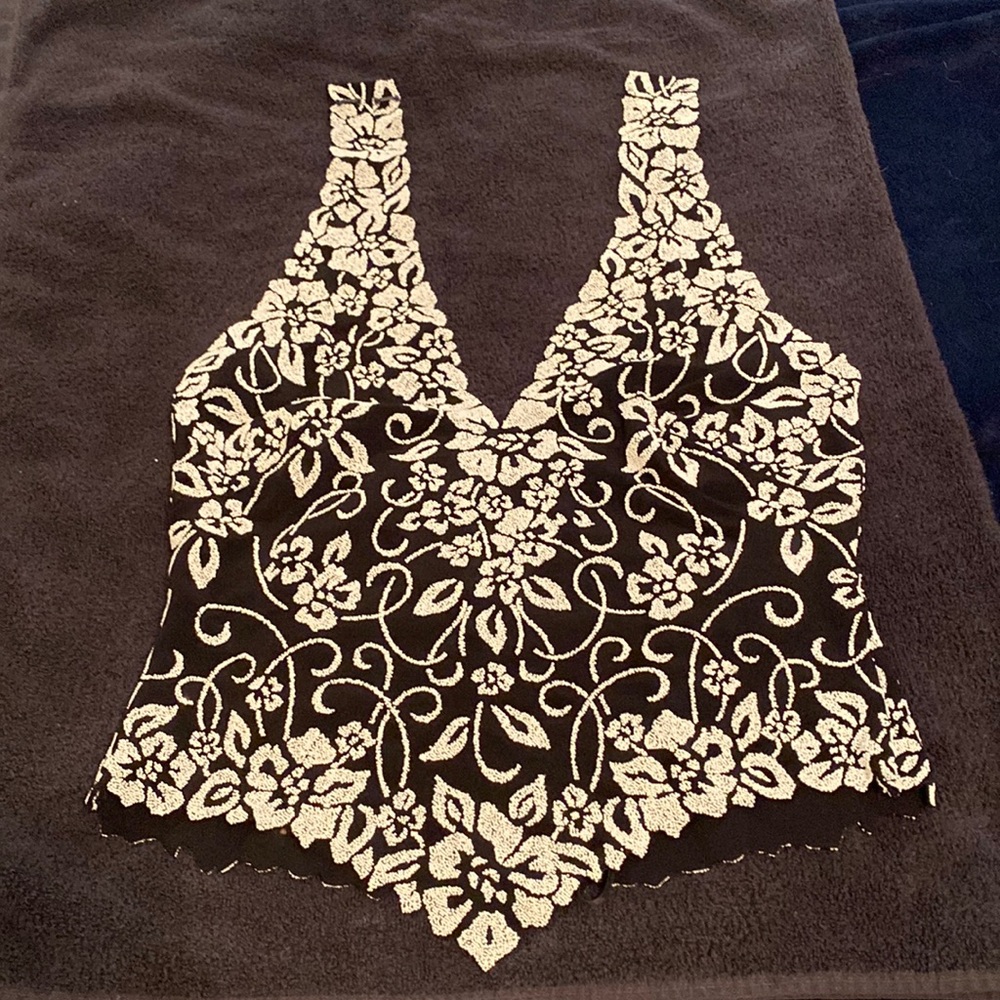 Black halter top with white beading, size M